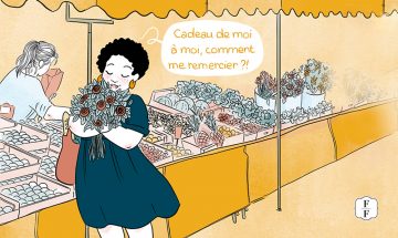 illustration d'une femme qui tient un bouquet au marché