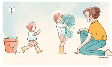 illustration enfant qui apporte des fleurs à sa maman